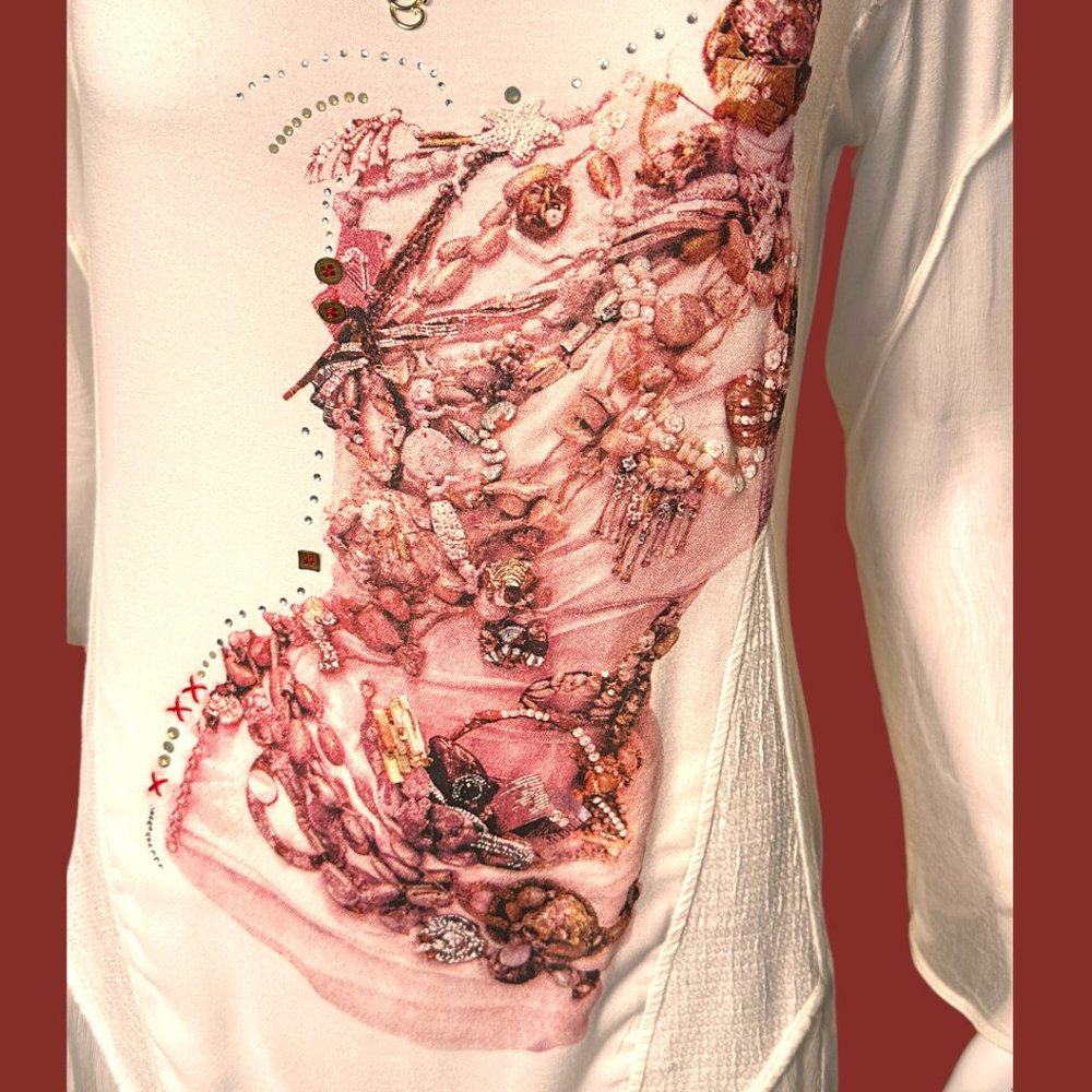 ELISA CAVALETTI EMBELLISHED PRINT DROP SLEEVE TOP (SZ XS / SM) - Picture 14 of 15